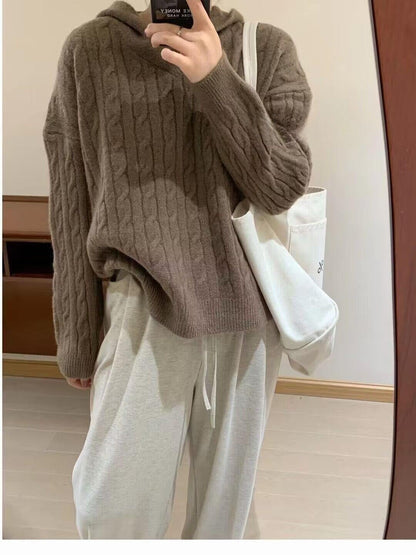 Damen Grobstrickpullover Kapuze Zopfmuster