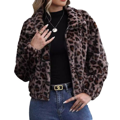 Damen Fleecejacke Leopardenmuster Kuschelig Grün