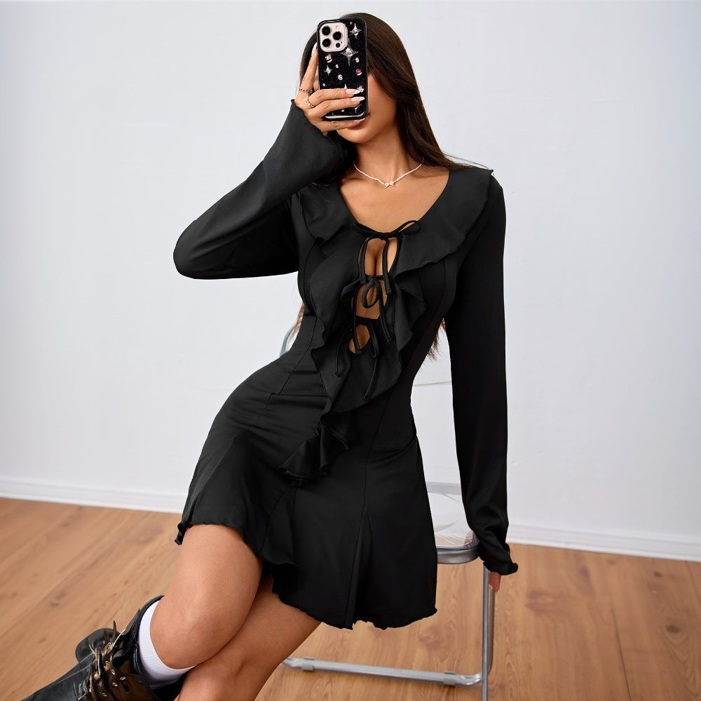 Damen Minikleid Rüschen Tiefes Dekolleté Langarm