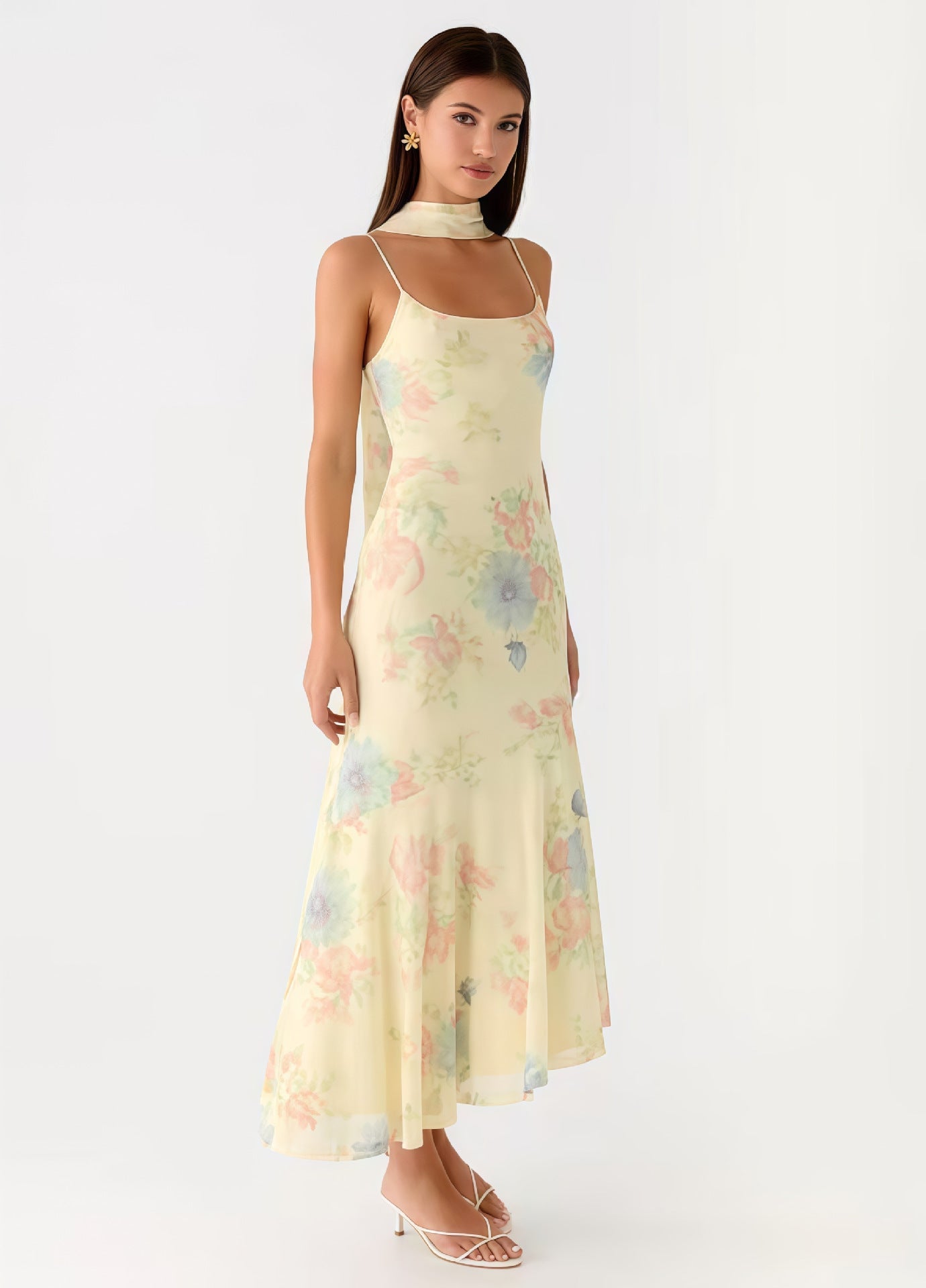 Damen Maxikleid Blumen Chiffon Neckholder