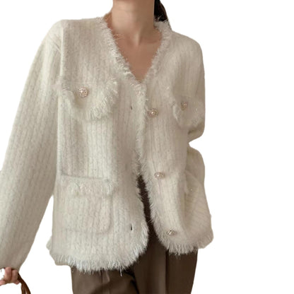Damen Strickjacke Dekorative Perlen Fransen Details Norvielle
