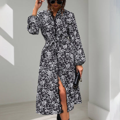 Damen Kleid Lang Floralmuster Elegante Taillierung