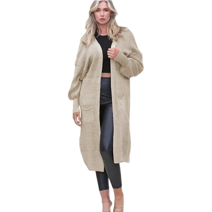 Damen Grobstrick Cardigan Offene Taschen Lässig Beige