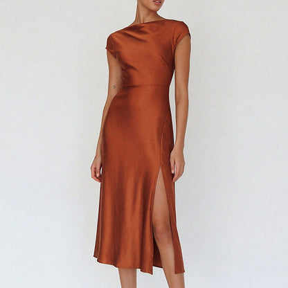 Damen Elegantes Midi-Kleid Satin Stehkragen