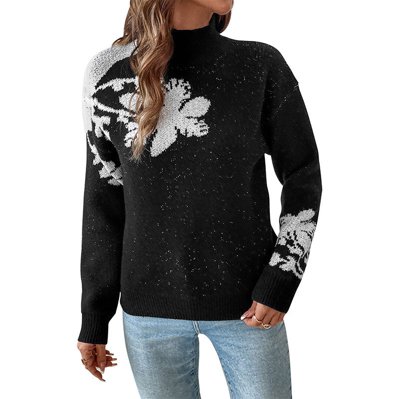 Damen Strickpullover Florales Design Hochkragen Norvielle