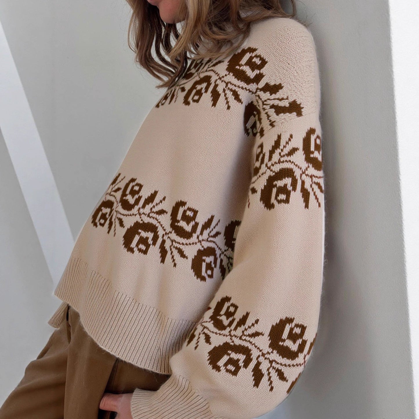 Damen Strickpullover Florales Muster Hochkragen Norvielle