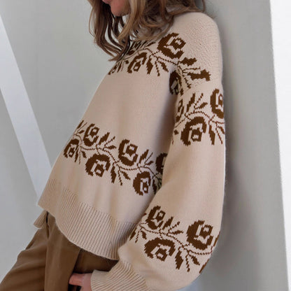 Damen Strickpullover Florales Muster Hochkragen Norvielle