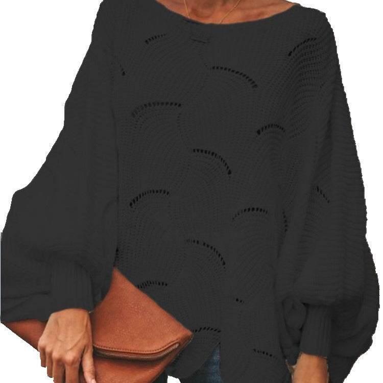 Damen Strickpullover Wellenmuster Weite Ärmel Beige