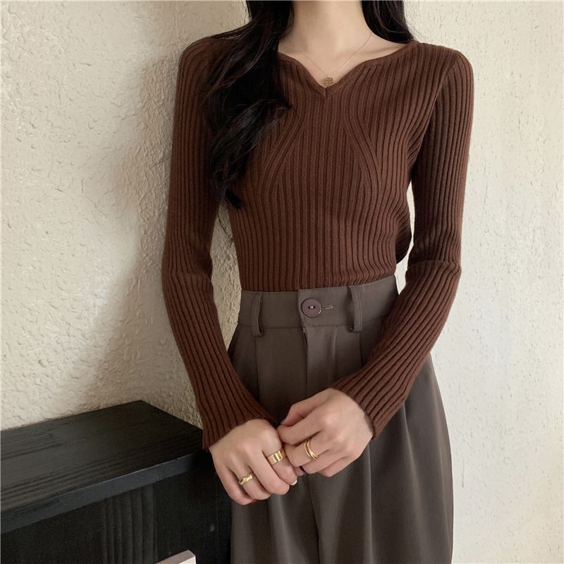 Damen V-Ausschnitt Feinstrickpullover Rippstruktur