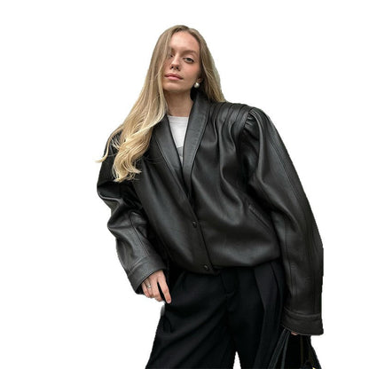 Damen Lederblazerjacke mit Puffärmeln