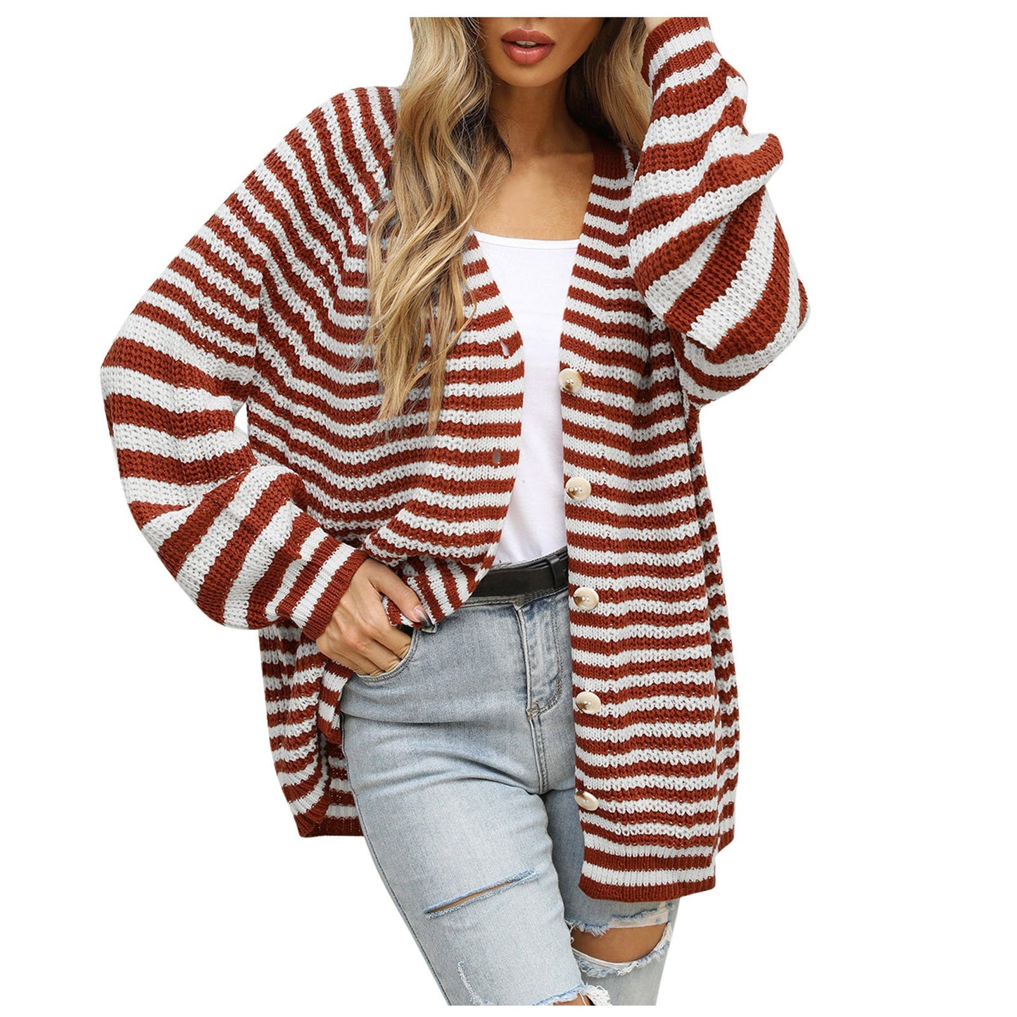 Damen Strickjacke Breites Streifenmuster Knopf Norvielle