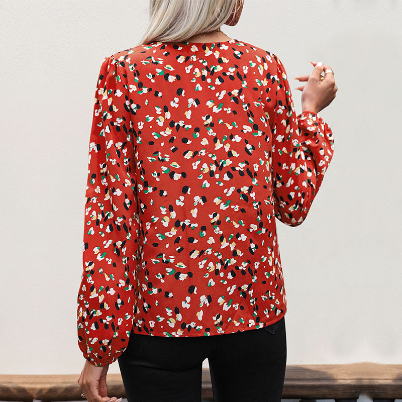 Damen Langarmbluse Floralmuster V-Ausschnitt Norvielle