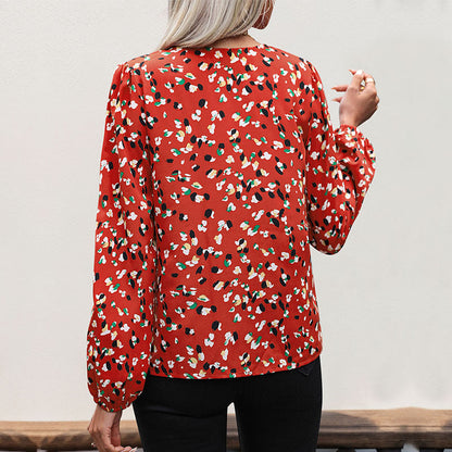 Damen Langarmbluse Floralmuster V-Ausschnitt Norvielle