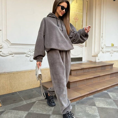 Damen Fleece-Loungewear-Set mit Kapuze Weites Design Beige