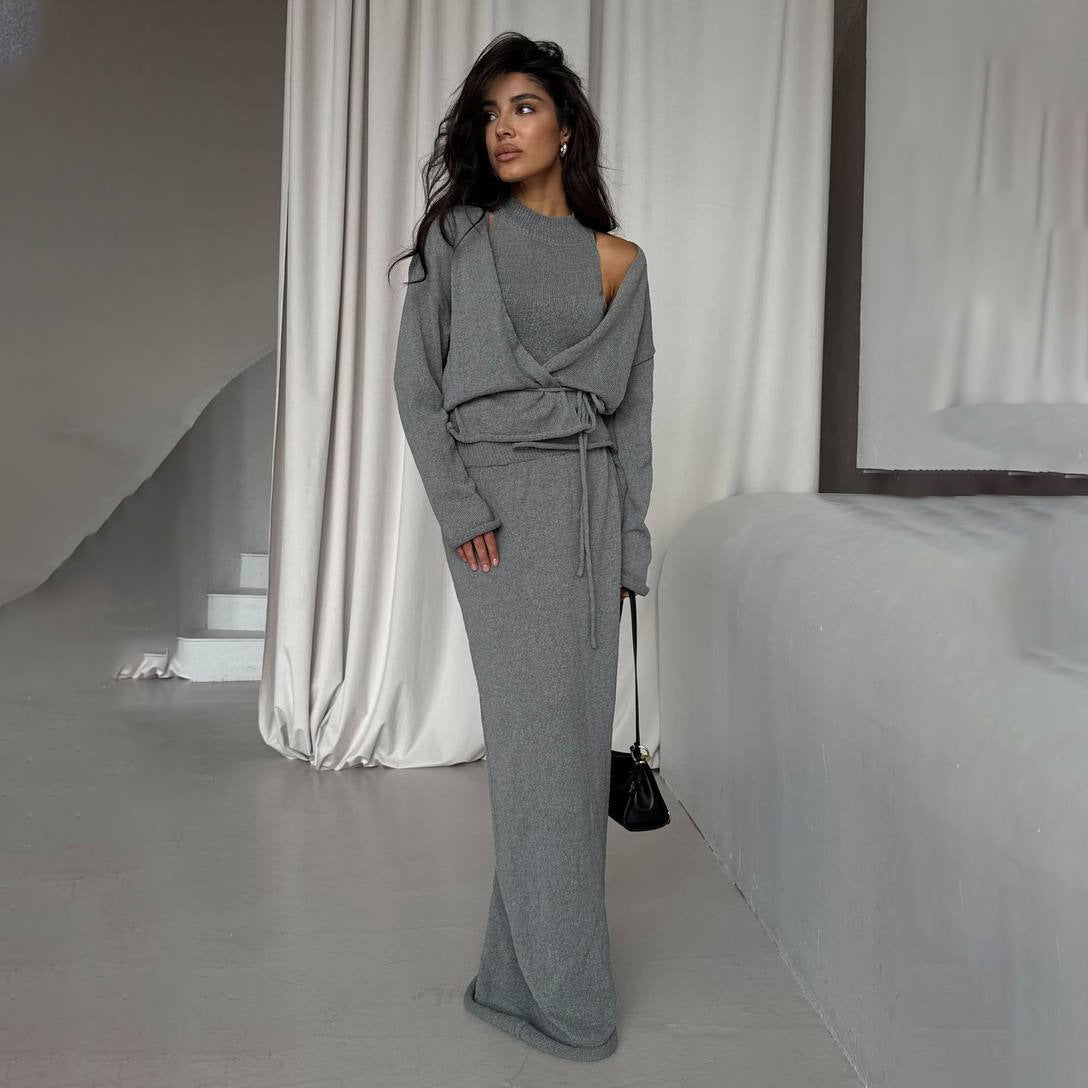 Damen Strickanzug Lang mit Bindegürtel Norvielle