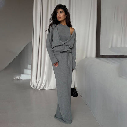 Damen Strickanzug Lang mit Bindegürtel Norvielle