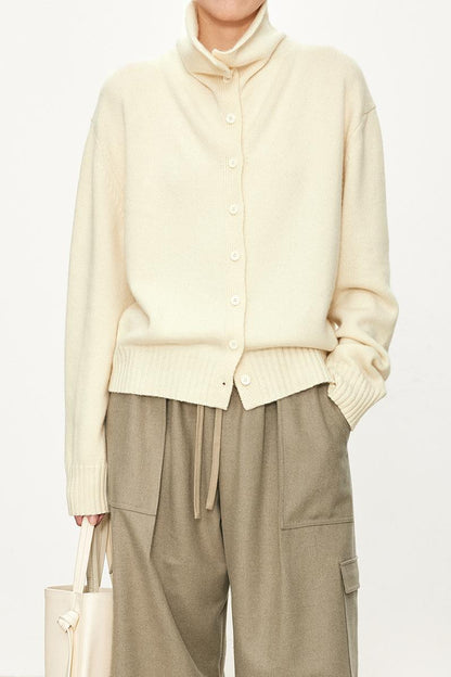 Damen Strickcardigan Hochkragen Knopfleiste Beige