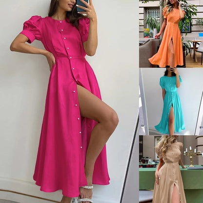 Damen Maxikleid mit Puffärmeln und hohem Schlitz Norvielle