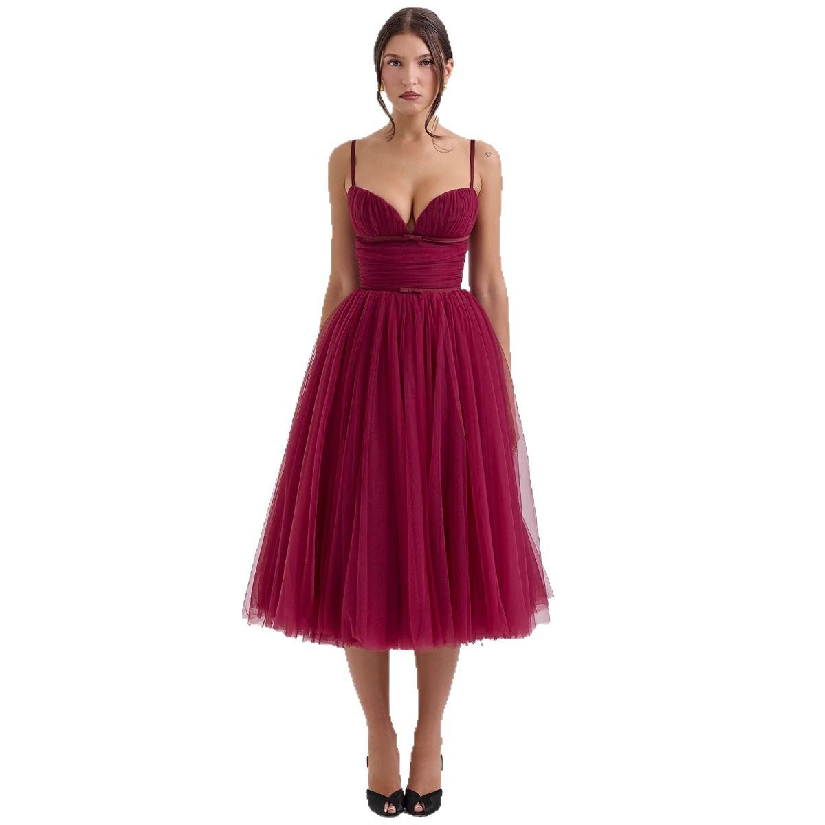 Damen Cocktailkleid Tüll V-Ausschnitt Taillengürtel Norvielle