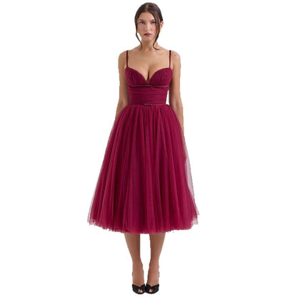 Damen Cocktailkleid Tüll V-Ausschnitt Taillengürtel Norvielle