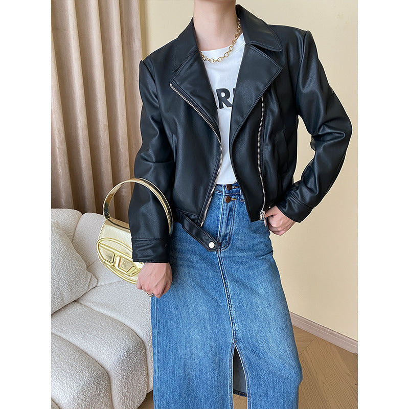 Damen Kunstlederjacke Reißverschluss Moderner Kragen