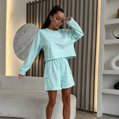 Damen Freizeitanzug Oversized Sweatshirt Kurze Hose Grau