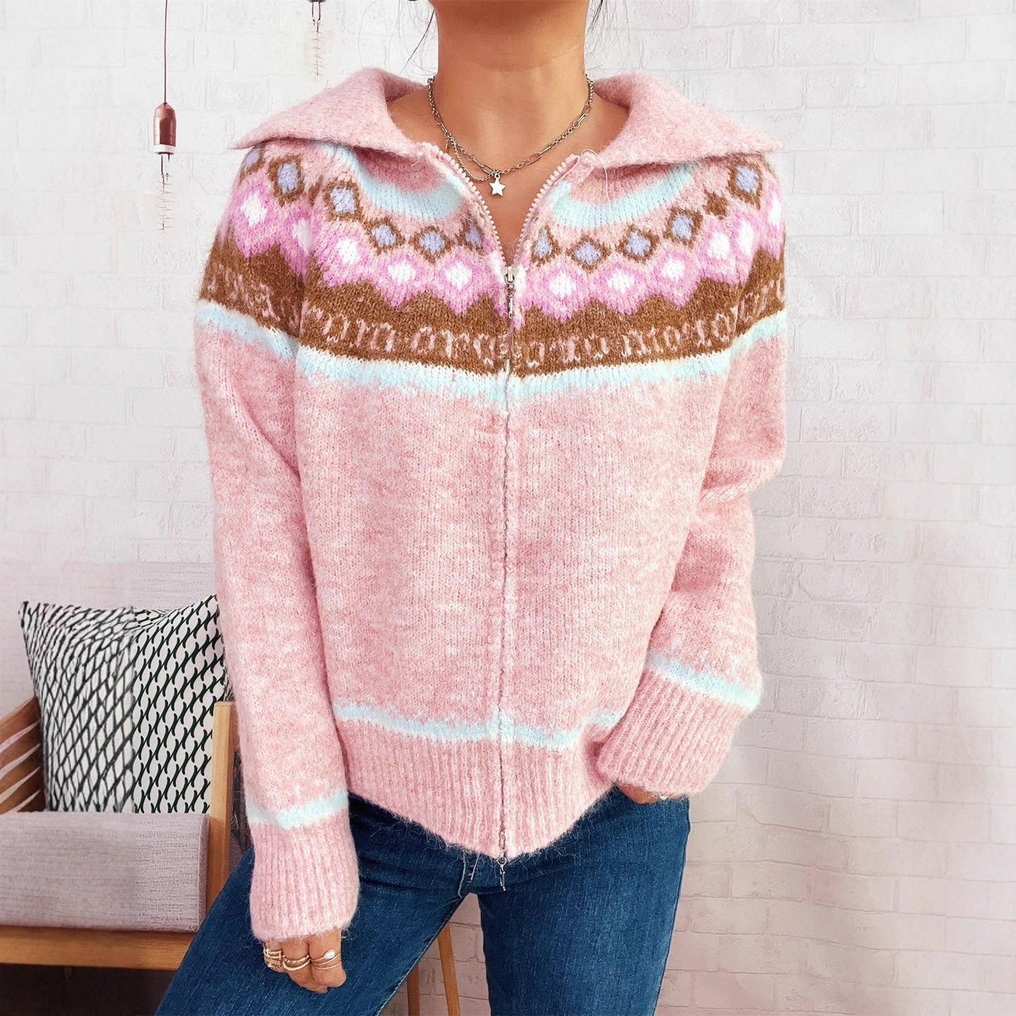 Damen Strickjacke Floralmuster Modern Reißverschluss Norvielle