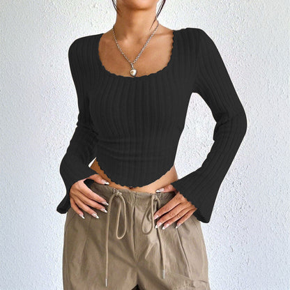 Damen Langarm Crop Rippdesign Abgerundet Norvielle - Norvielle