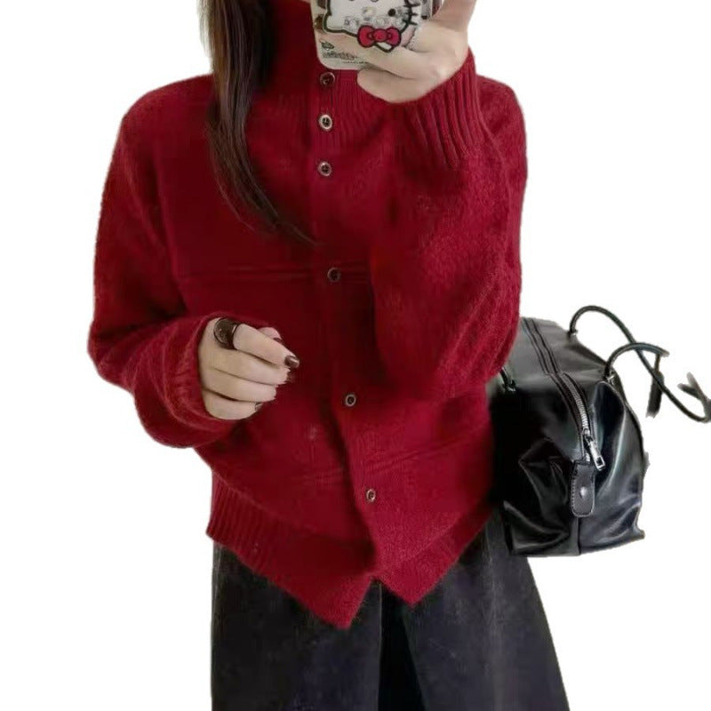 Damen Strickjacke Hochkragen Knopf details Norvielle