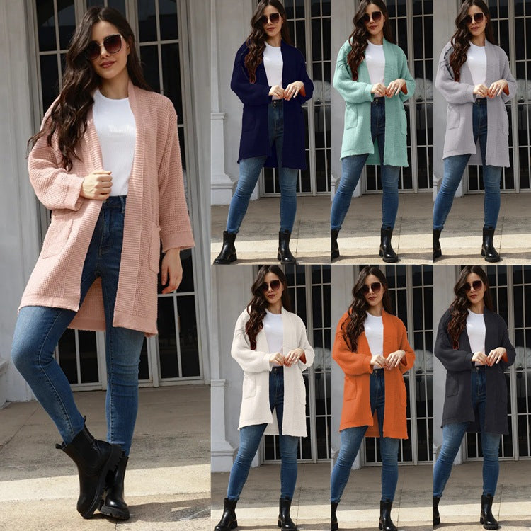 Damen Strickcardigan Offene Taschen Weiter Schnitt Beige - Norvielle