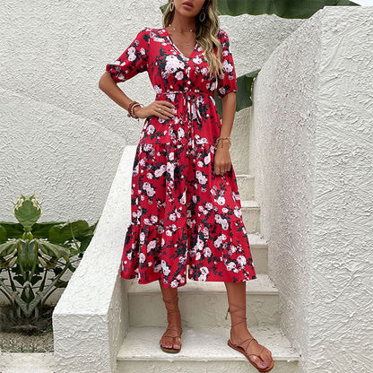 Damen Blumenkleid V-Ausschnitt Elastisch Norvielle