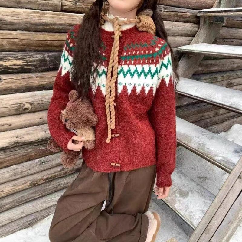 Damen Strickpullover Norwegermuster Kapuze Norvielle