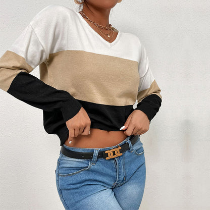Damen Pullover V-Ausschnitt Farbblock-Design Norvielle