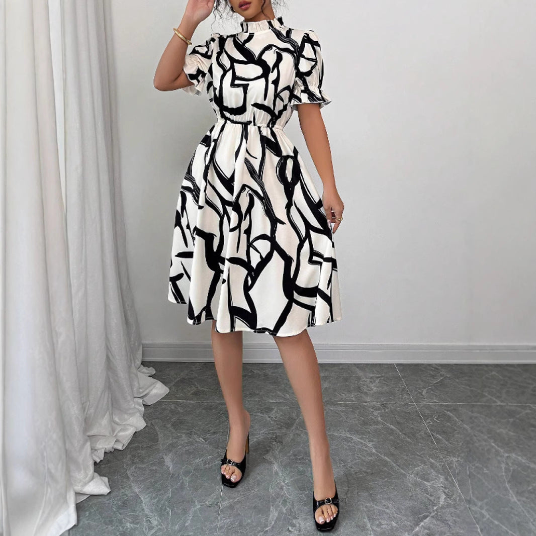 Damen Midi-Kleid Pflanzenmuster Gummizug
