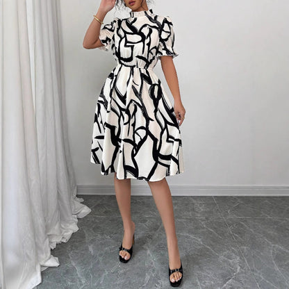 Damen Midi-Kleid Pflanzenmuster Gummizug