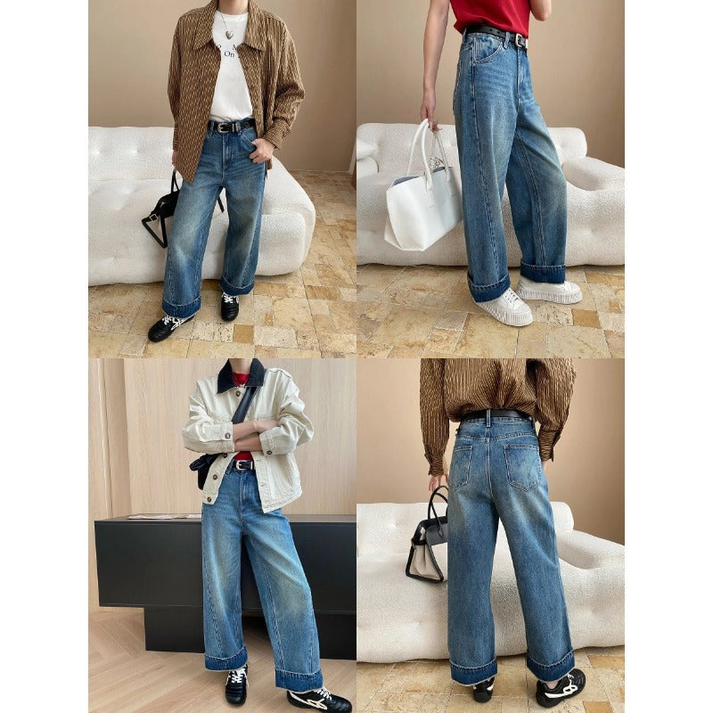 Damen Jeansjacke Lässig Kontrastkragen Große Taschen