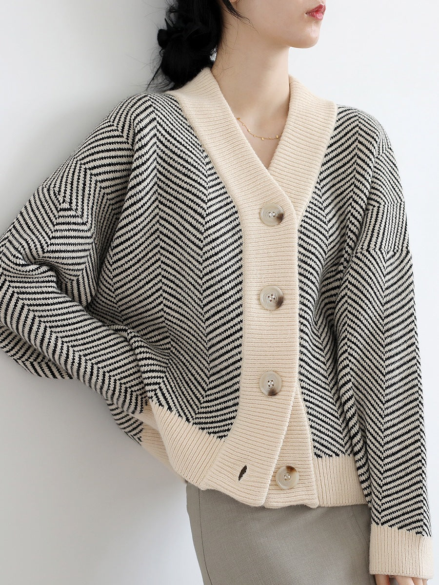 Damen Strickjacke Chevron-Muster Elegante Knöpfe Norvielle