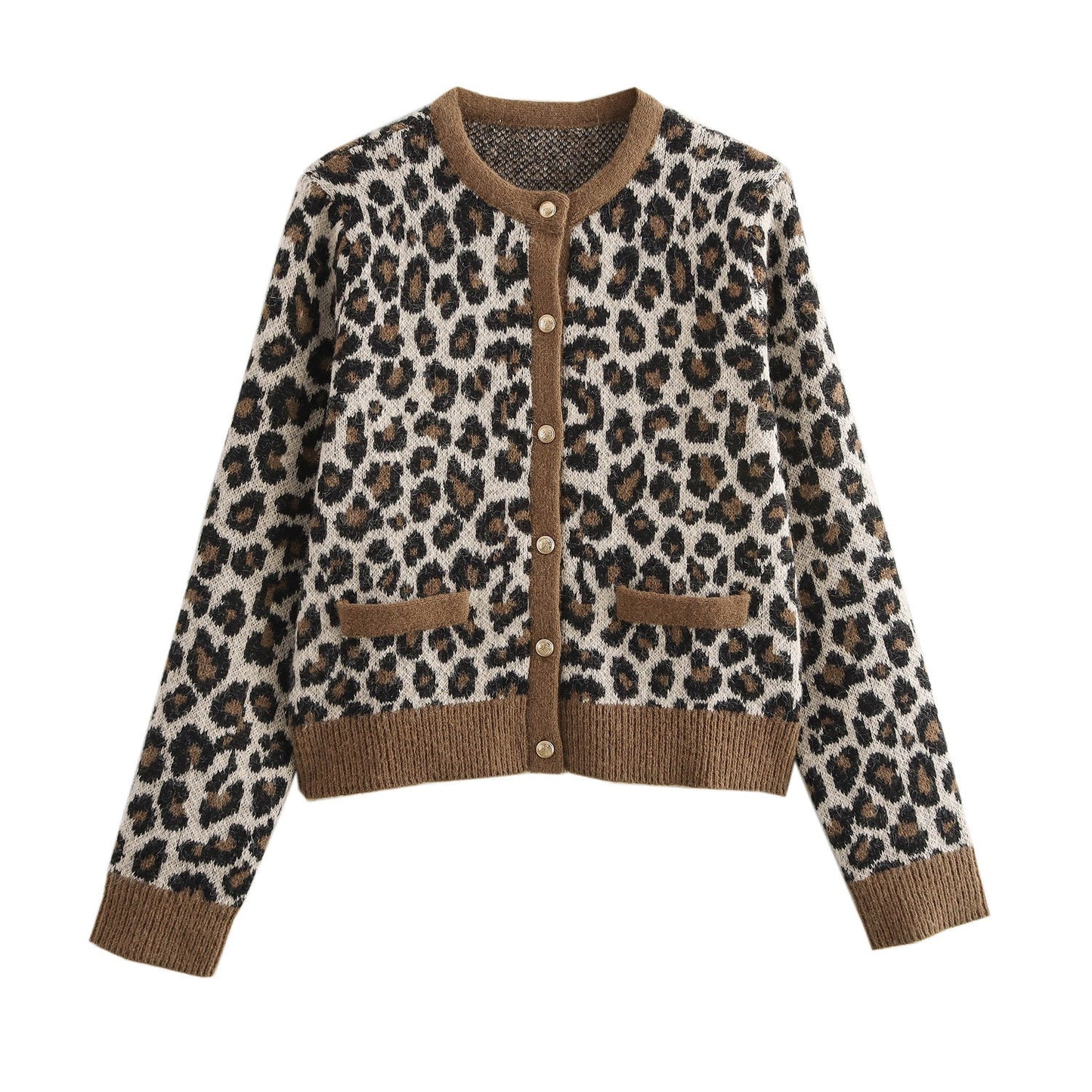 Damen Strickcardigan Animal-Print Mit Taschen Beige