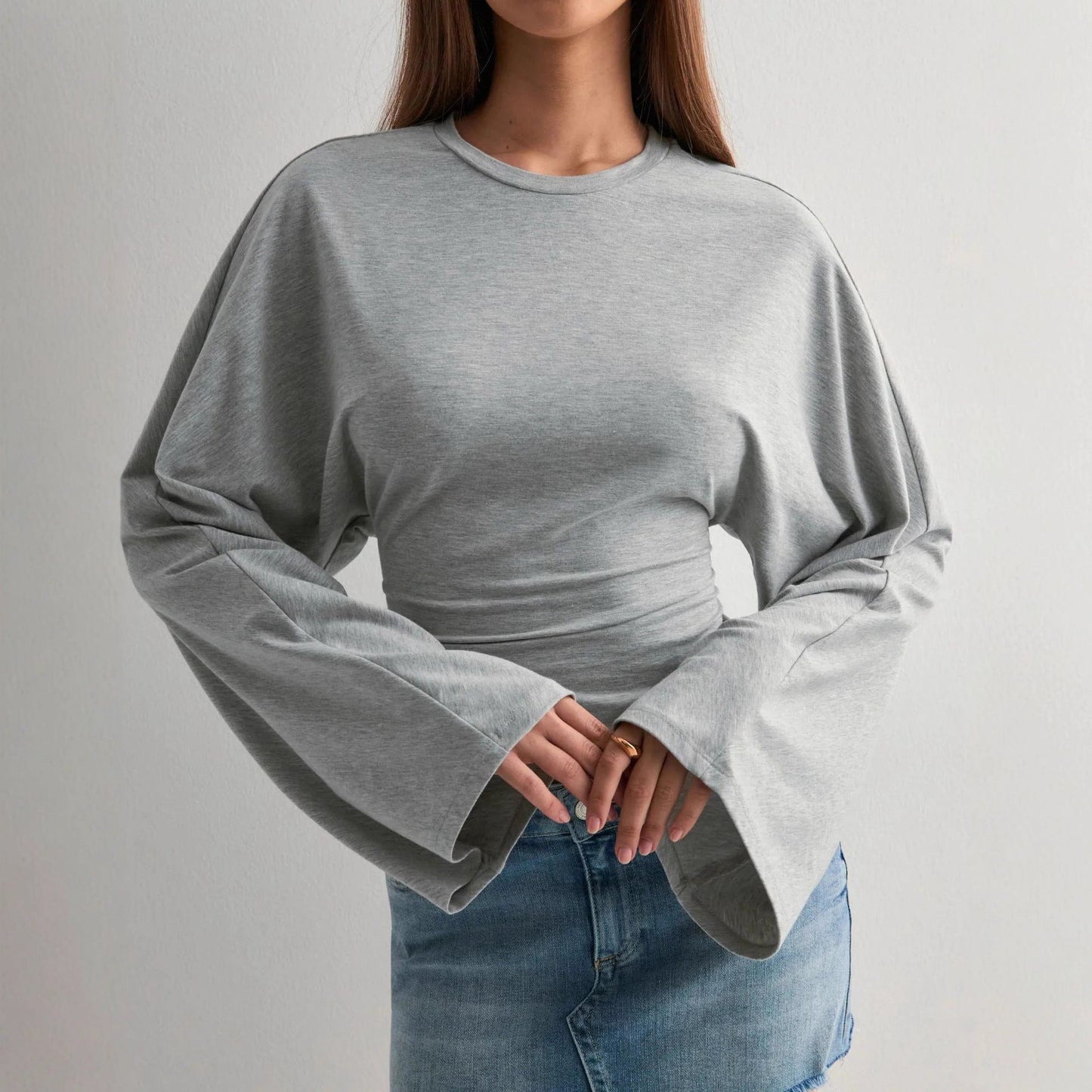 Damen Cropped Langarmshirt Weite Ärmel Norvielle - Norvielle