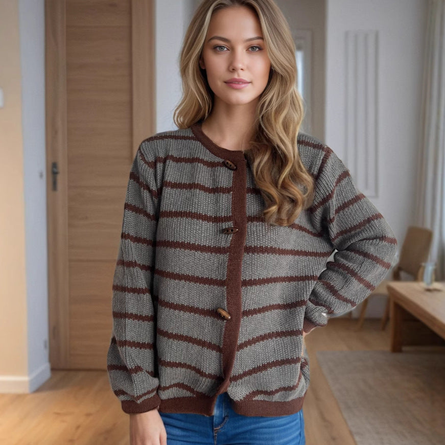 Damen Strickcardigan Lässig Holzknöpfe Streifenmuster Beige