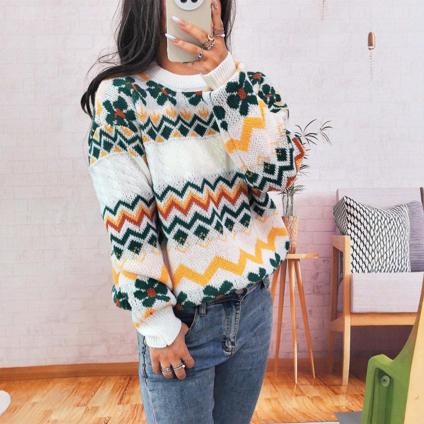 Damen Grobstrickpullover Bunt Geometrisches Muster
