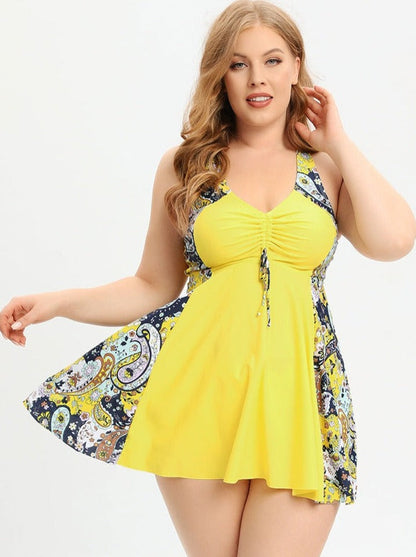 Norvielle Damen Badeanzugkleid Plus Size V-Ausschnitt mit Kreuzträgern
