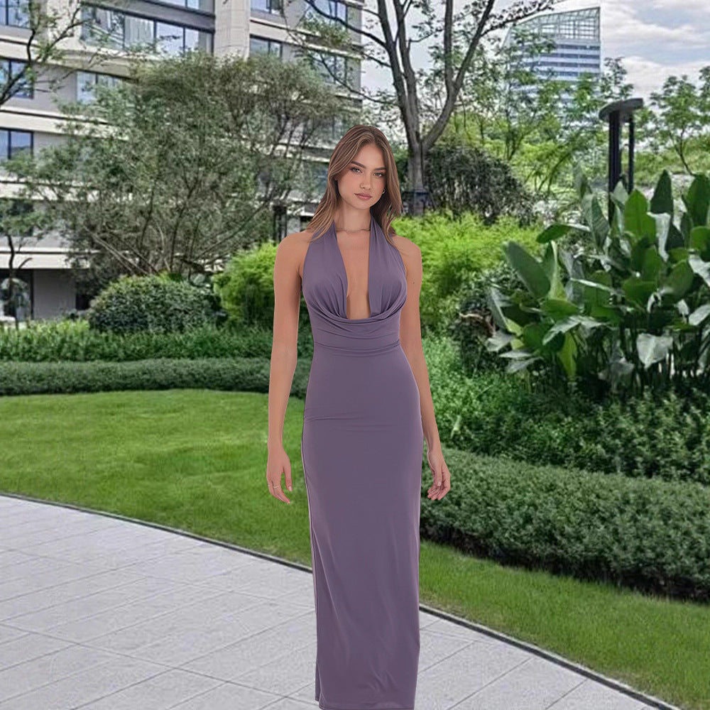 Damen Elegant Kleid Langarm V-Ausschnitt Fließend