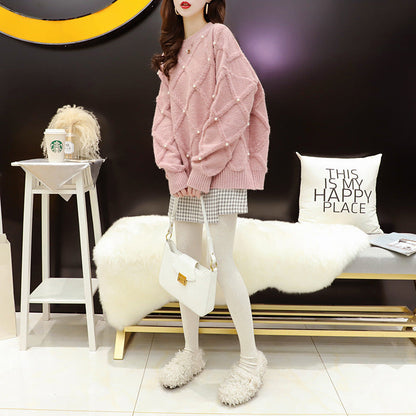 Damen Oversized Pullover Strukturmuster Perlenverzierungen Norvielle