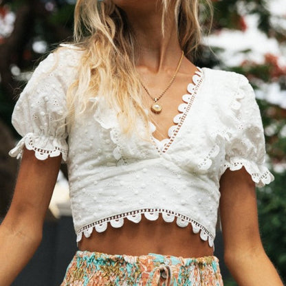 Damen Crop- Blumenmuster Spitzenbesatz Norvielle - Norvielle