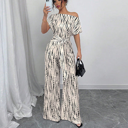 Damen Jumpsuit Asymmetrischer Ausschnitt Florale Rüschen Norvielle
