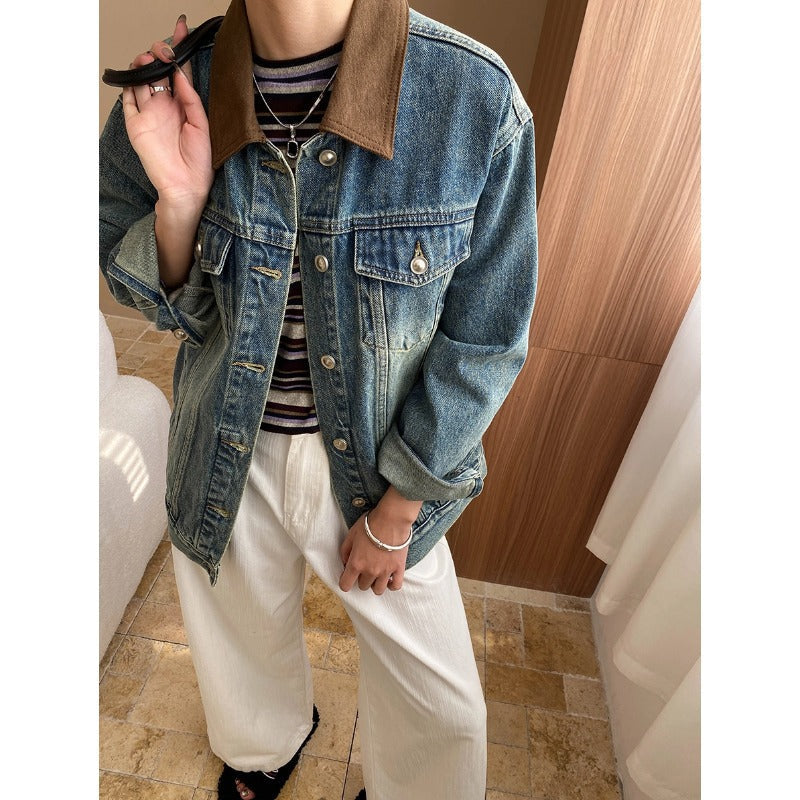 Damen Jeansjacke Lässiger Schnitt Kontrastkragen Schwarz - Norvielle