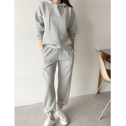 Damen Hoodie Jogginghose Set Weicher Baumwollmix Kängurutasche Schwarz - Norvielle
