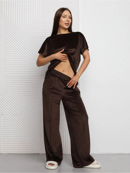 Damen Loungewear-Set Satin Lässiger Schnitt Weite Hose