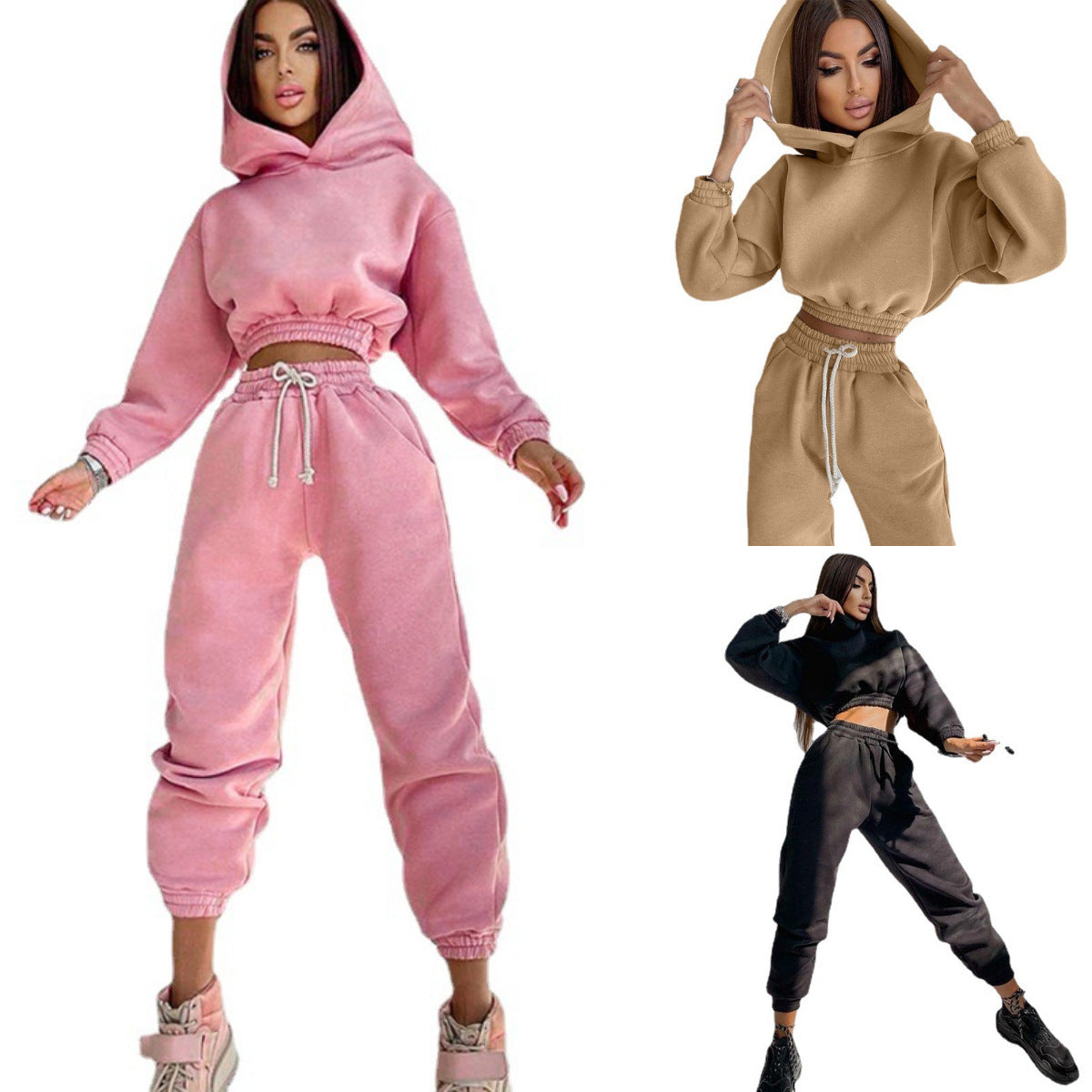 Damen Sportliches Loungewear-Set Sweatstoff Kapuze Elastisch